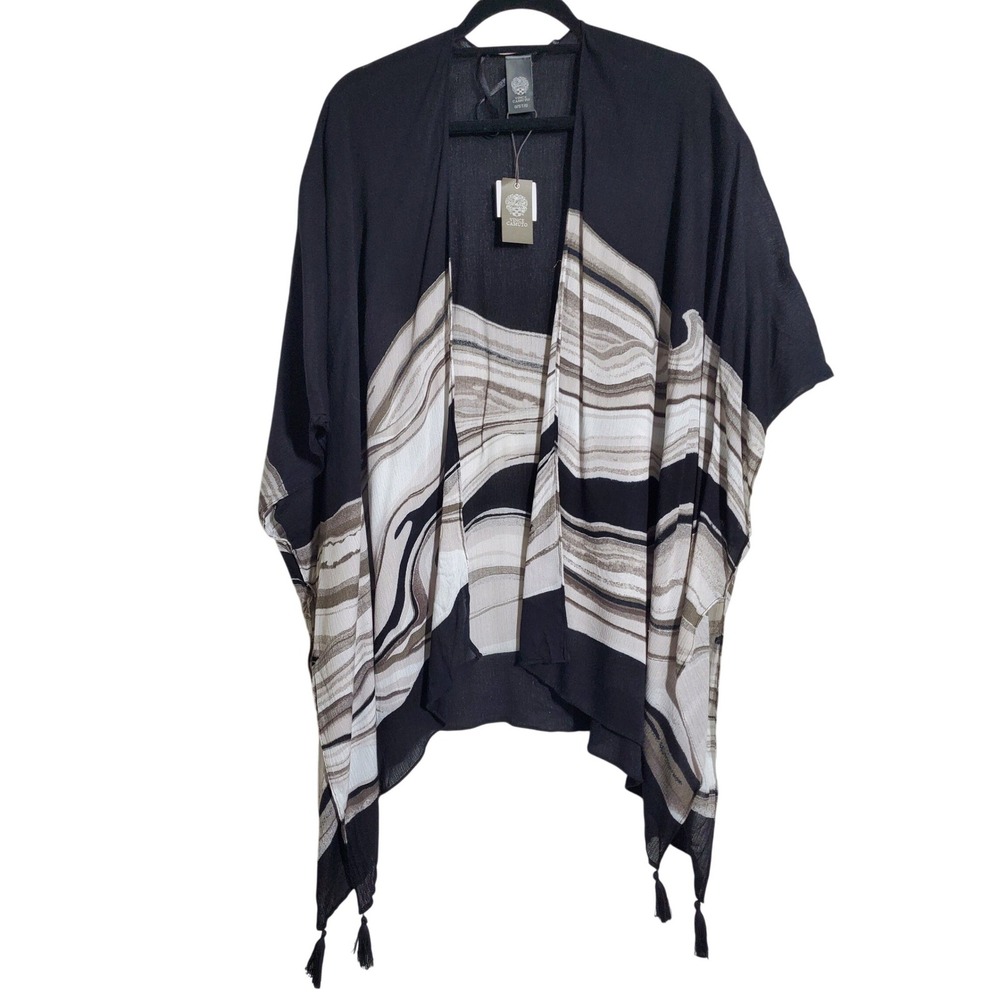 NWT Vince Camuto Black Abstract Print Tassel Kimono Cardigan One Size Layering